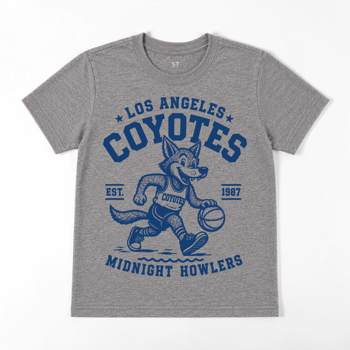 Los Angeles Coyotes Vintage Tee, heather gray with a navy basketball-playing coyote mascot
