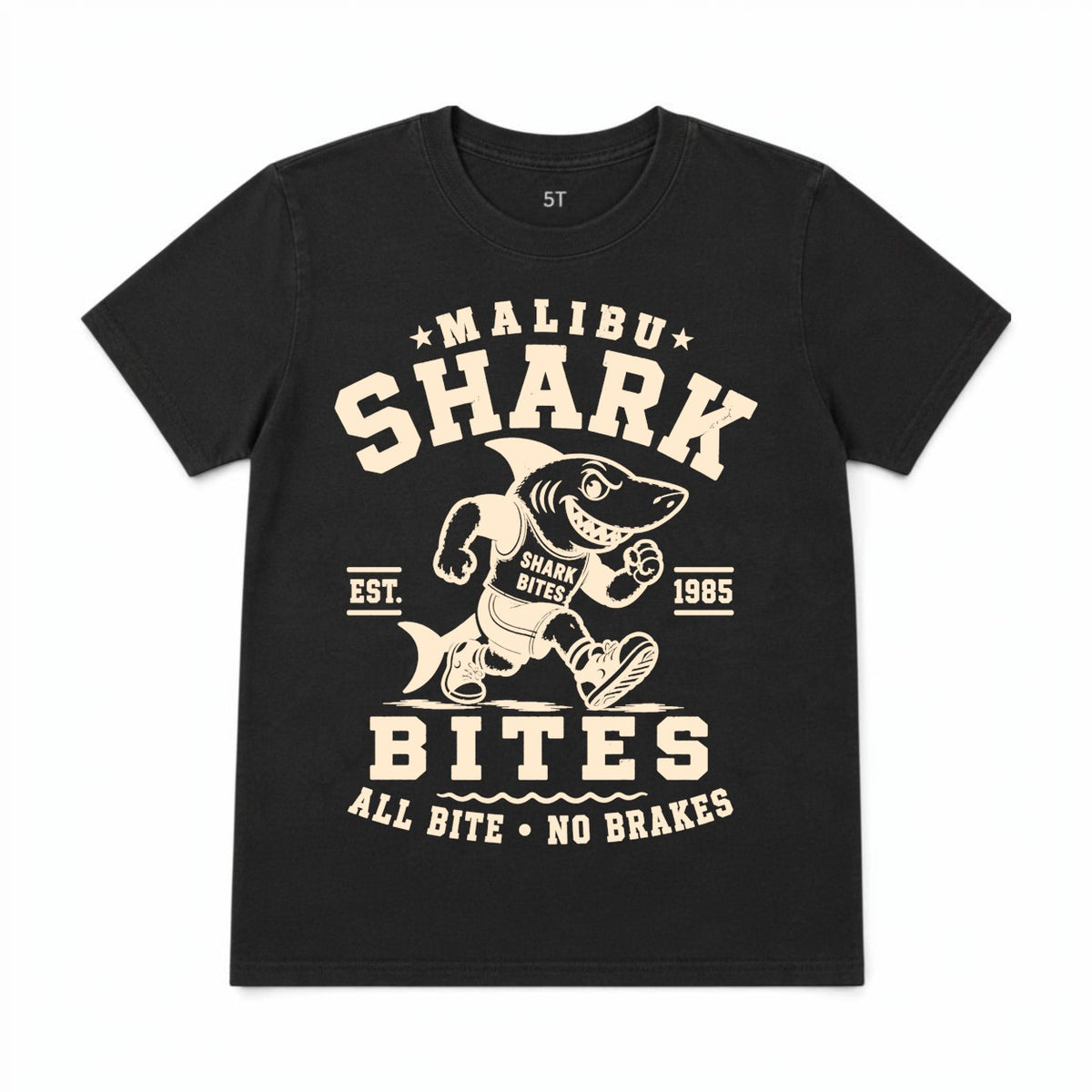 Malibu Shark Bites Vintage Tee, black with cream running shark mascot