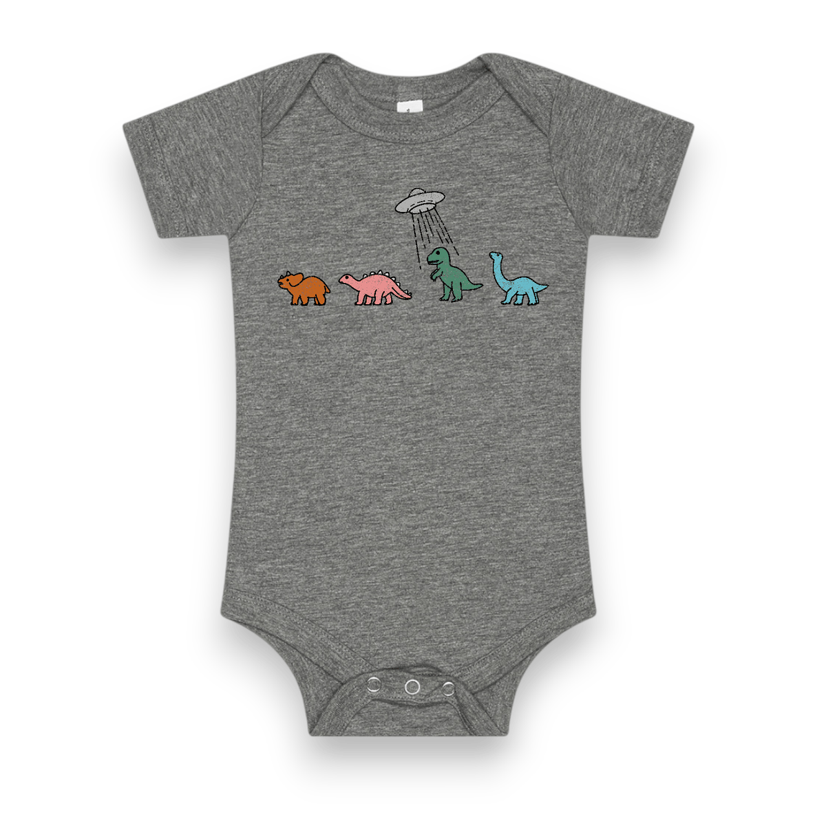 Dino Dance Party Onesie in heather gray with four dinosaurs under a UFO
