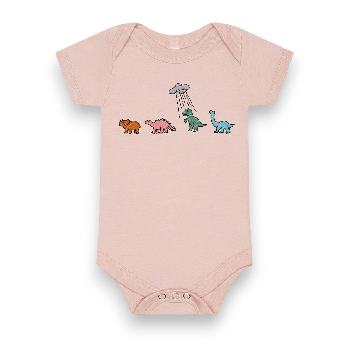 Dino Dance Party Onesie in pink with four dinosaurs under a UFO