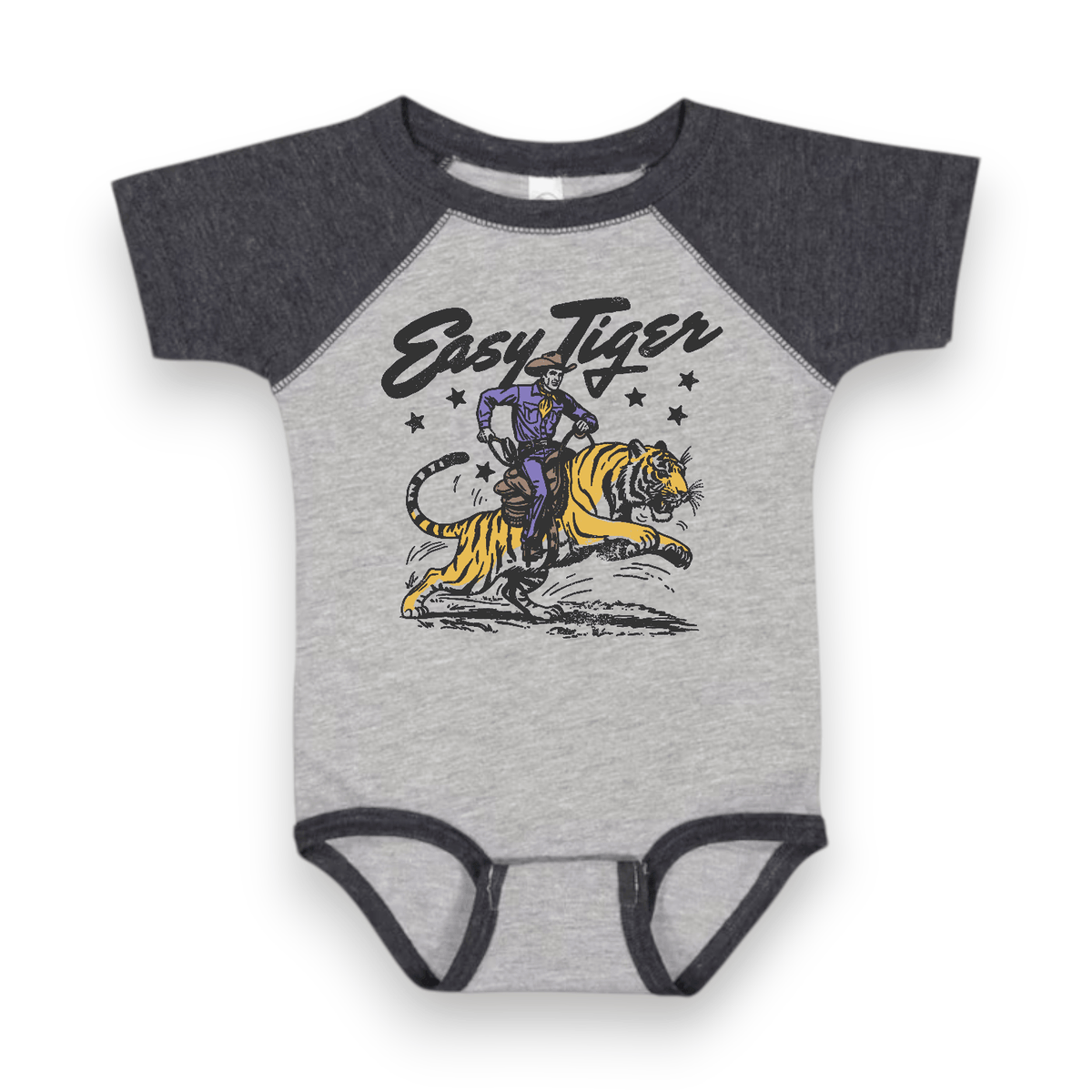 Easy Tiger Raglan Onesie, heather gray with charcoal sleeves and a cowboy riding a tiger