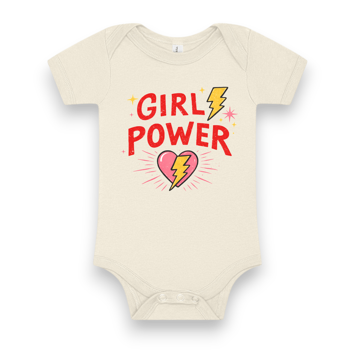 Girl Power Onesie in natural cream with red lettering, lightning bolts and a pink heart