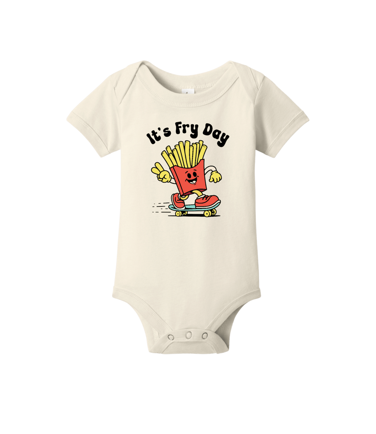 It's Fry Day Onesie, natural cream with a fry box riding a skateboard