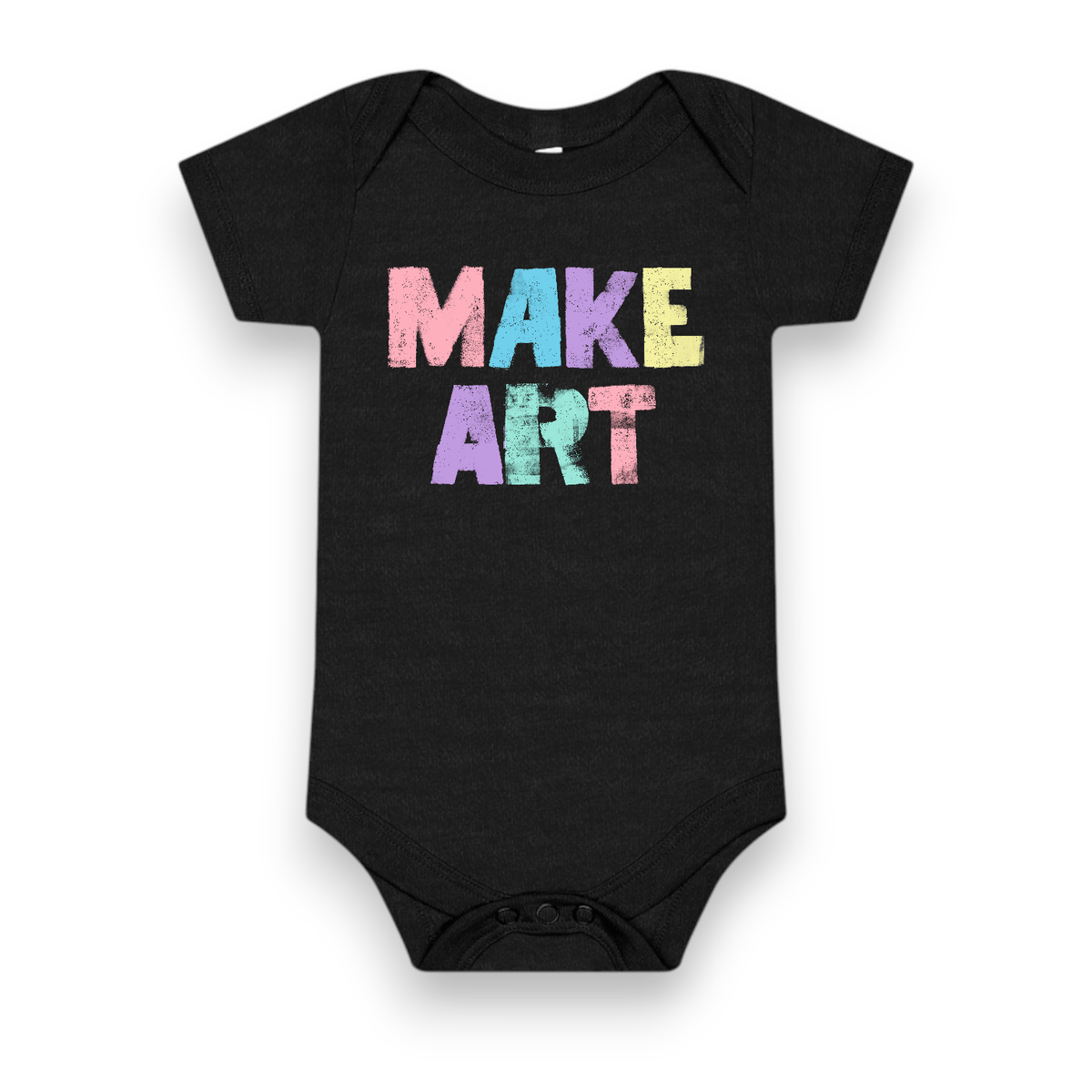 Make Art Onesie, black with pastel rainbow Make Art lettering