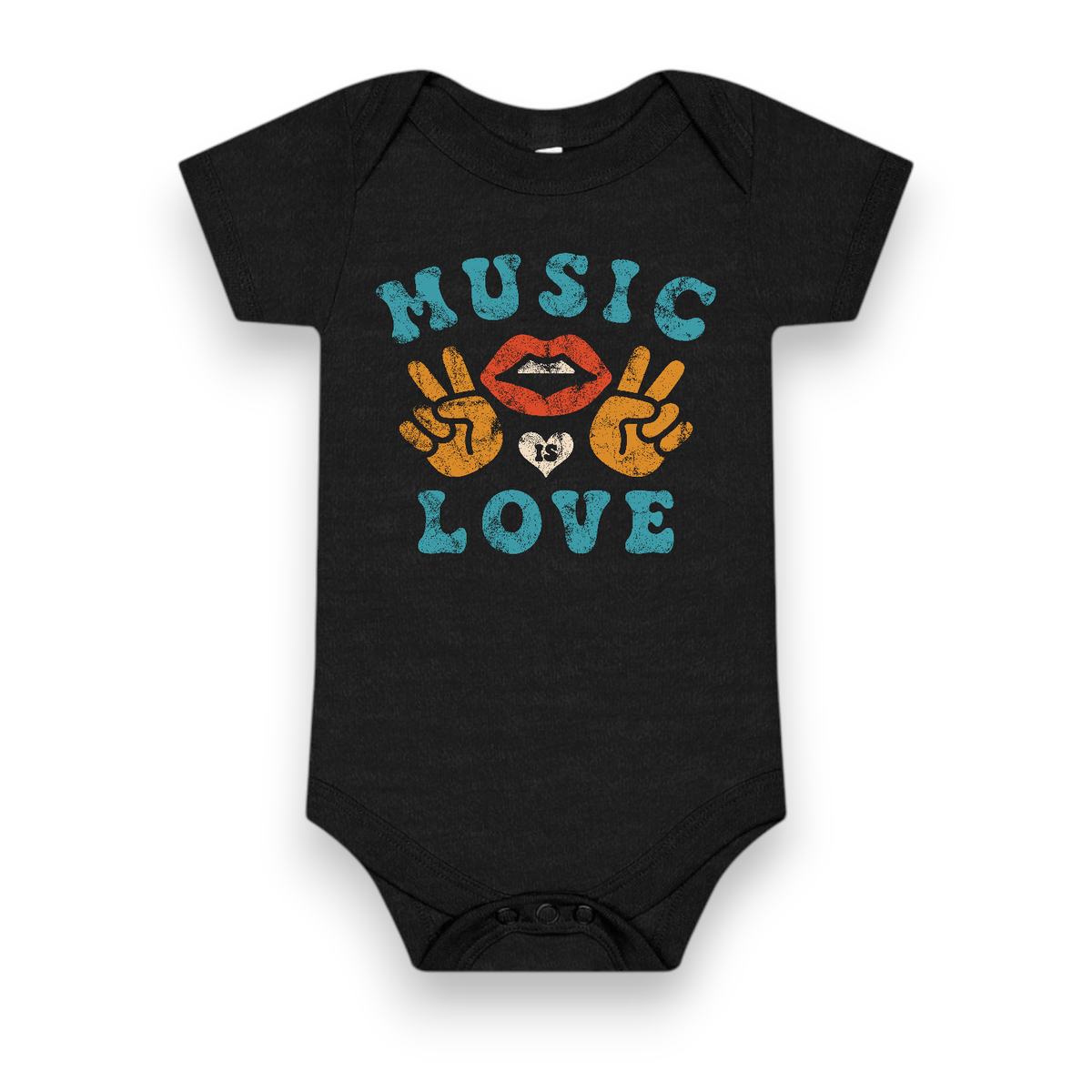 Music is Love Onesie, black with teal lettering, red lips and peace-sign hands