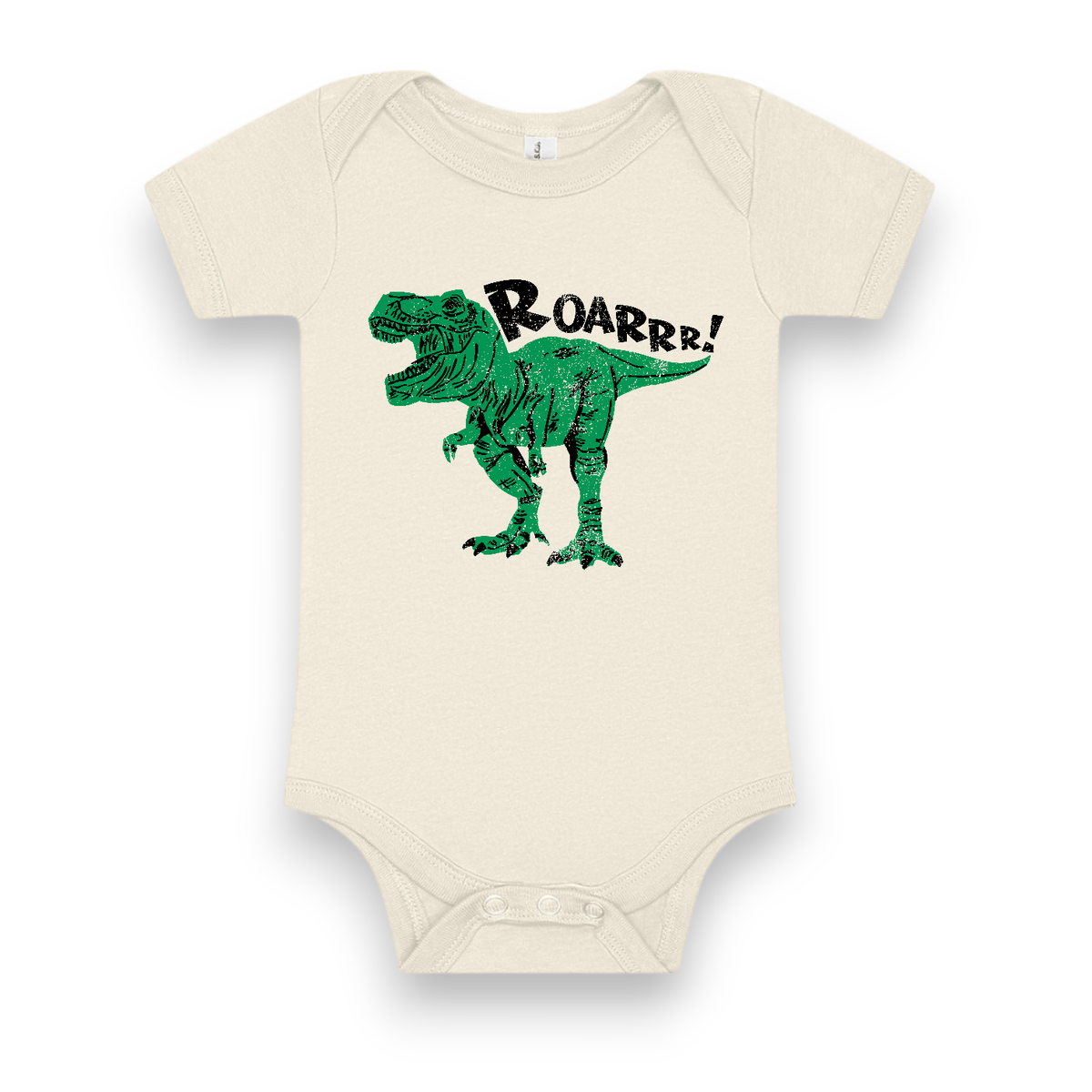 Roarrr! Onesie, natural cream with a green T. rex graphic