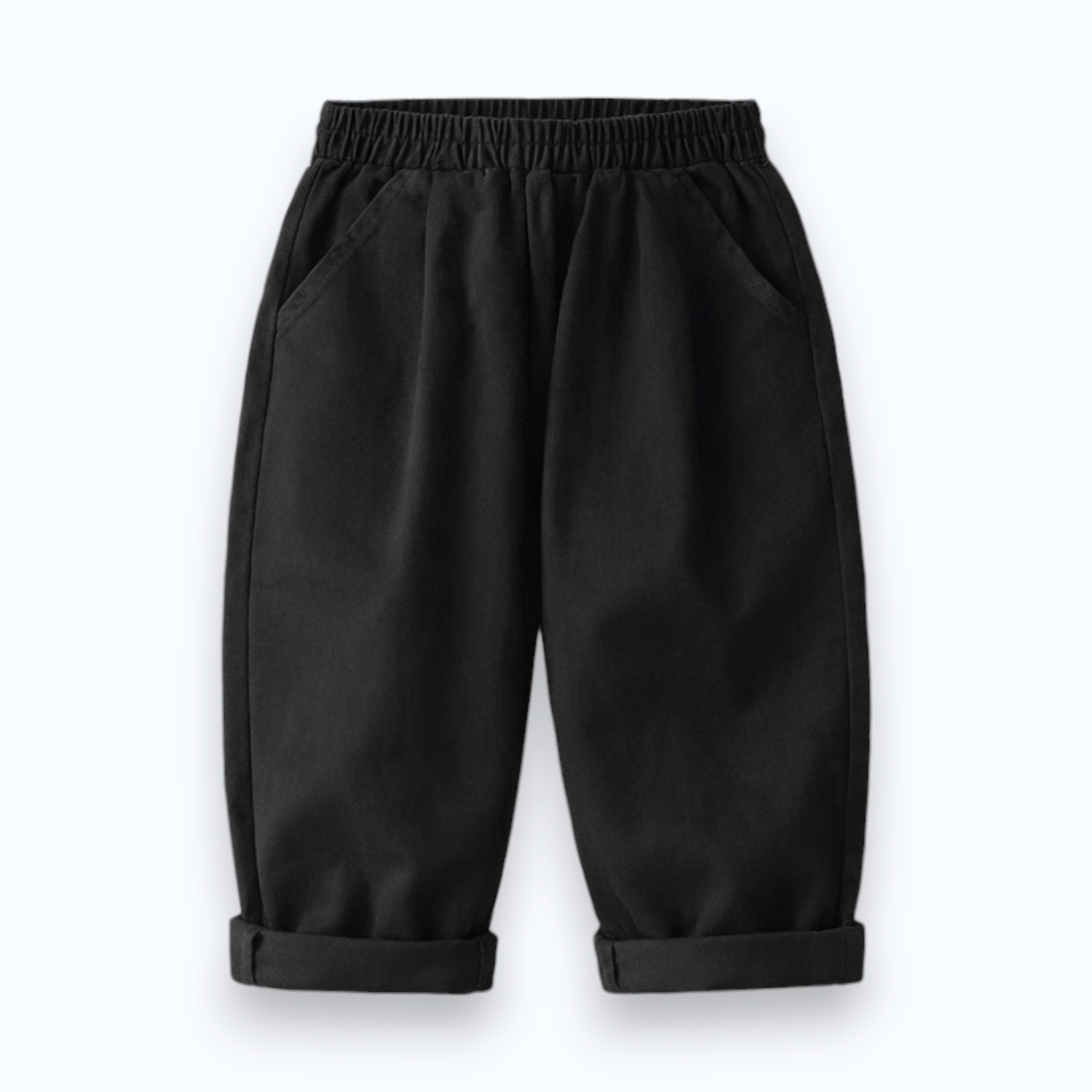 City Kid Baggy Pant in black, laid flat, front view with side pockets and elastic waist