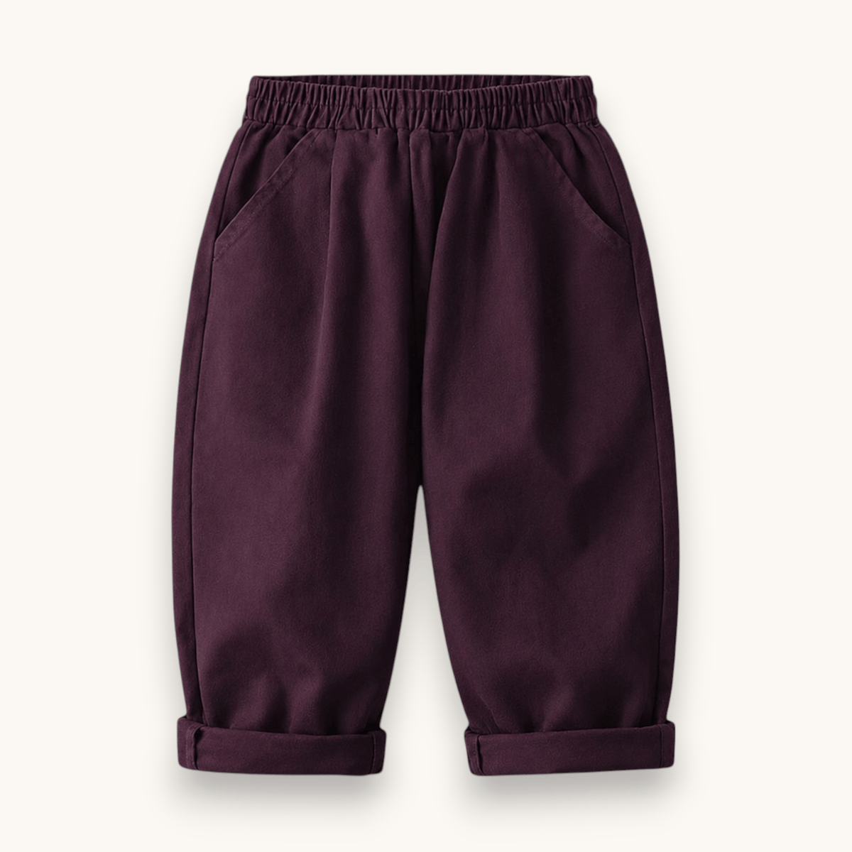 City Kid Baggy Pant in eggplant, laid flat, front view