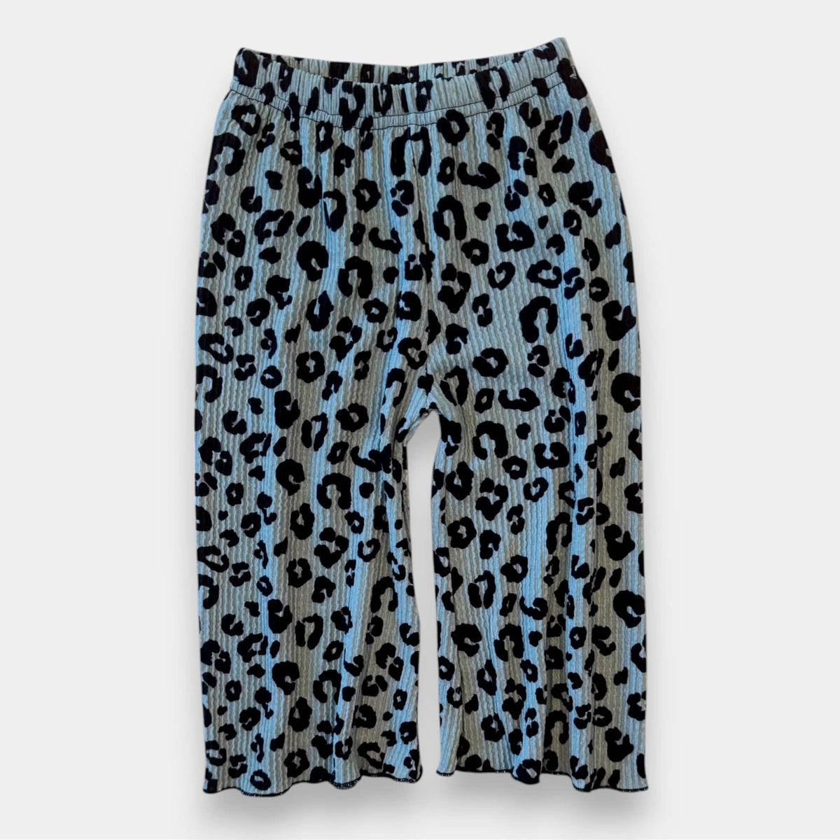 Ch-Ch-Ch-Cheetah Wide Leg Pant, black cheetah print on sage rib knit, laid flat