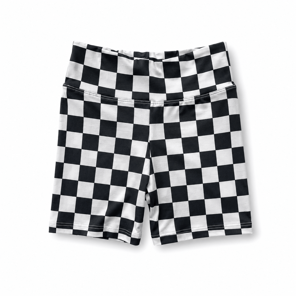 Checked Out Biker Short, black-and-white checker print, laid flat