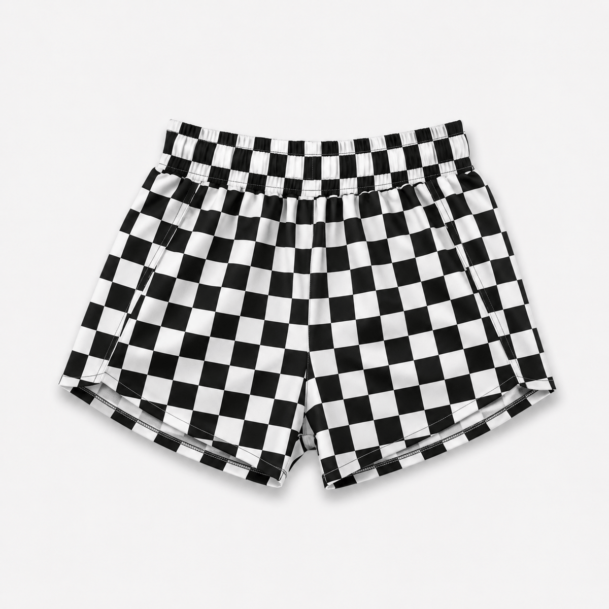 Checked Out Retro Shorts, black-and-white checker print, laid flat
