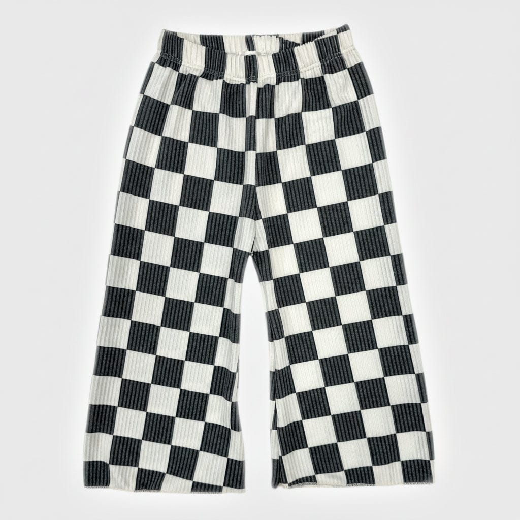 Checked Out Wide Leg Pant, black and cream checkerboard wavy rib, laid flat