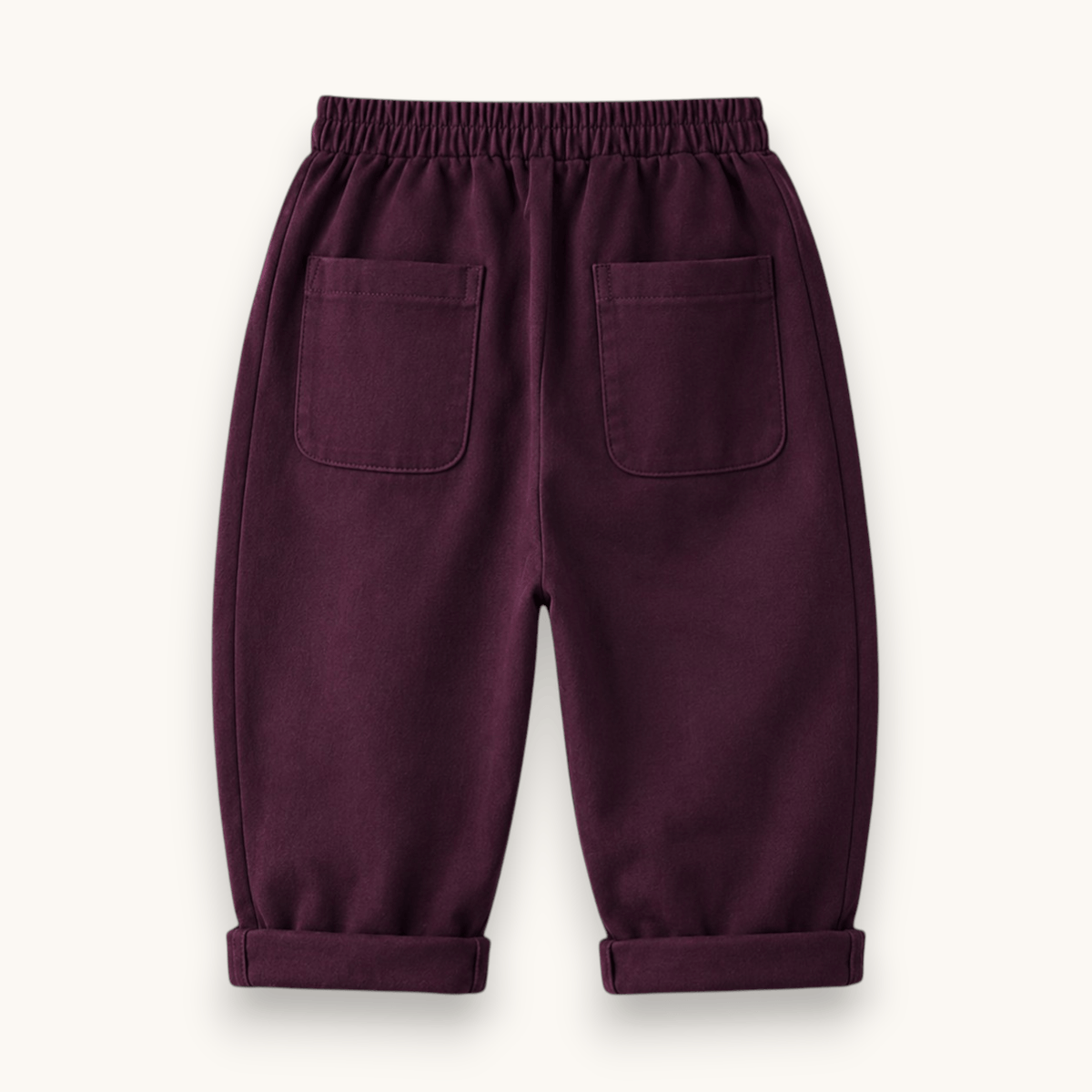City Kid Baggy Pant in eggplant, laid flat, back view with patch pockets