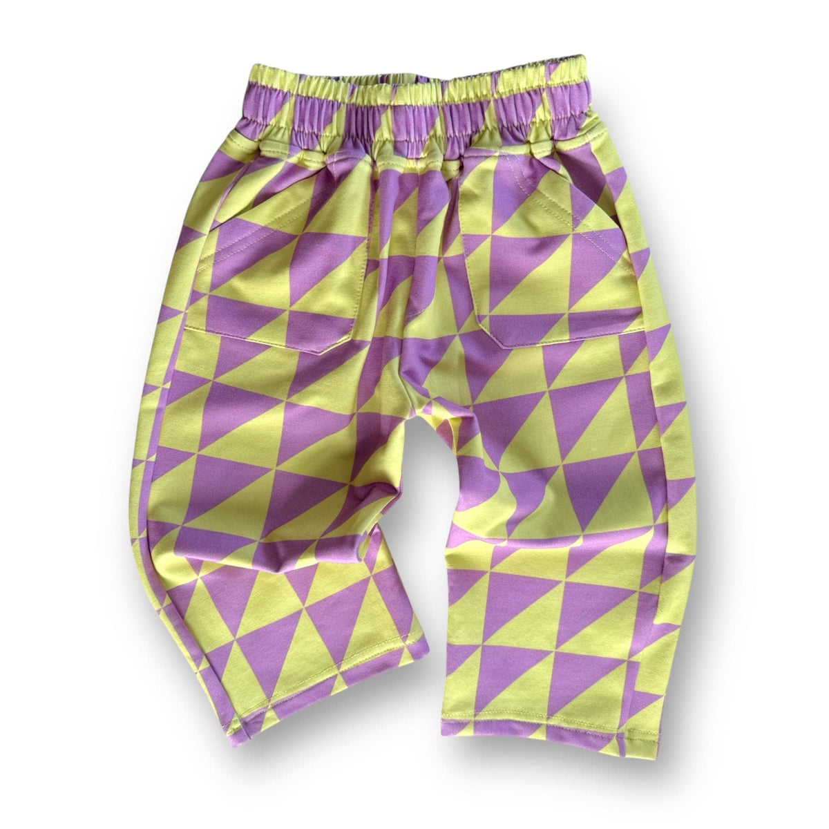 Geo-Vibe Baggy Pant, purple and lime triangle print, front view