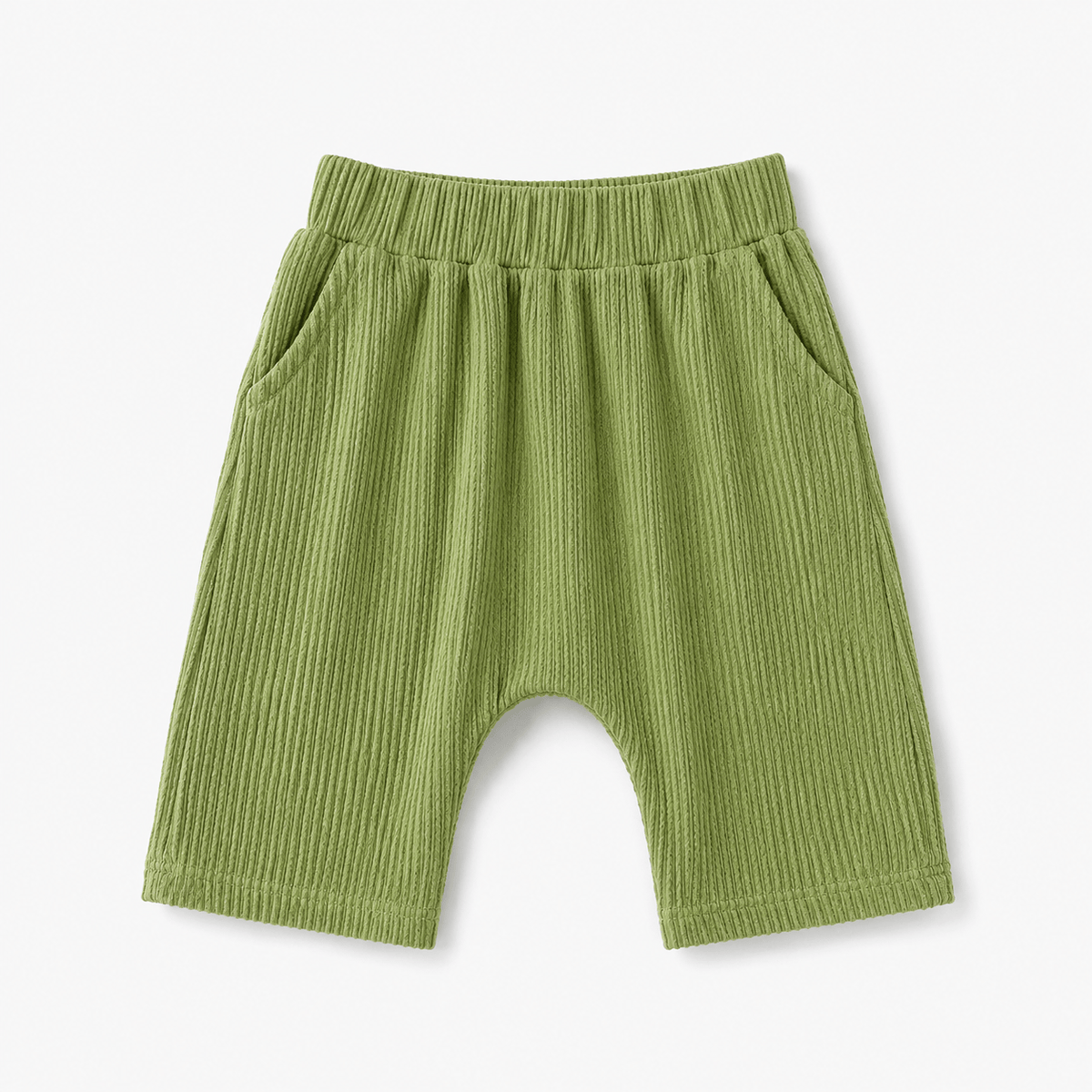 Groovy Green Harem Short in green wavy rib, laid flat, front view