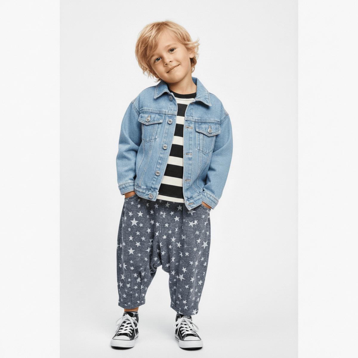 Kid in a denim jacket and striped tee wearing the Rockstar Hammer Pant