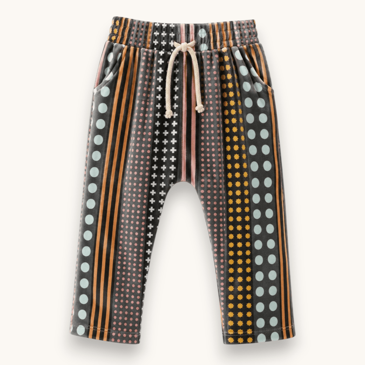 Oddball Velvet Harem Pant, mismatched stripes and dots print, front view with drawstring
