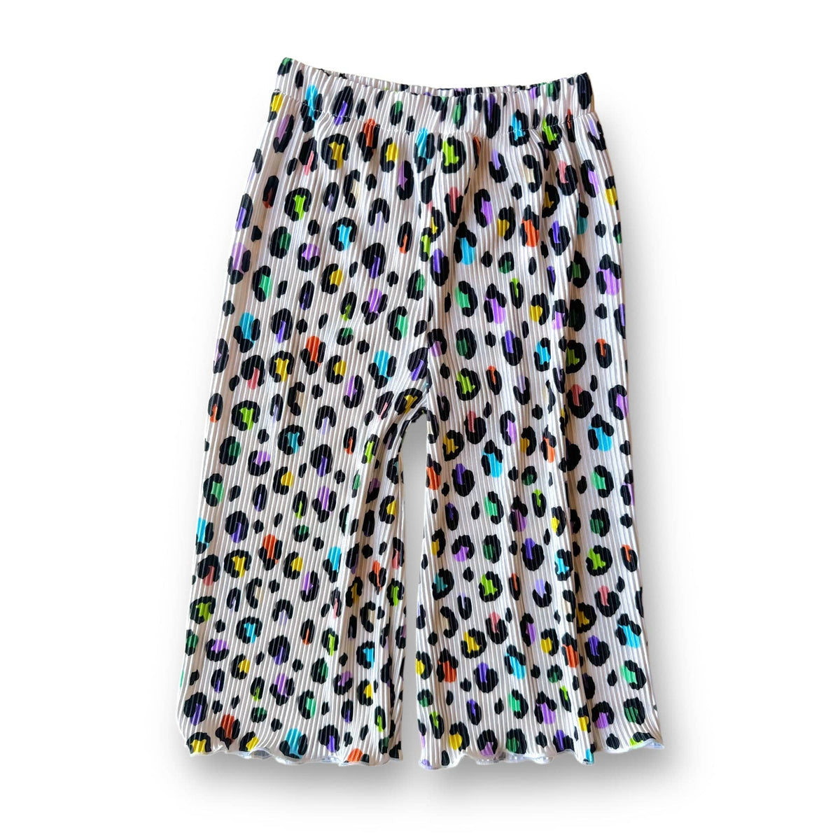 Plisse Wide Leg Pant in Loopy Leopard, rainbow leopard spots on white, laid flat
