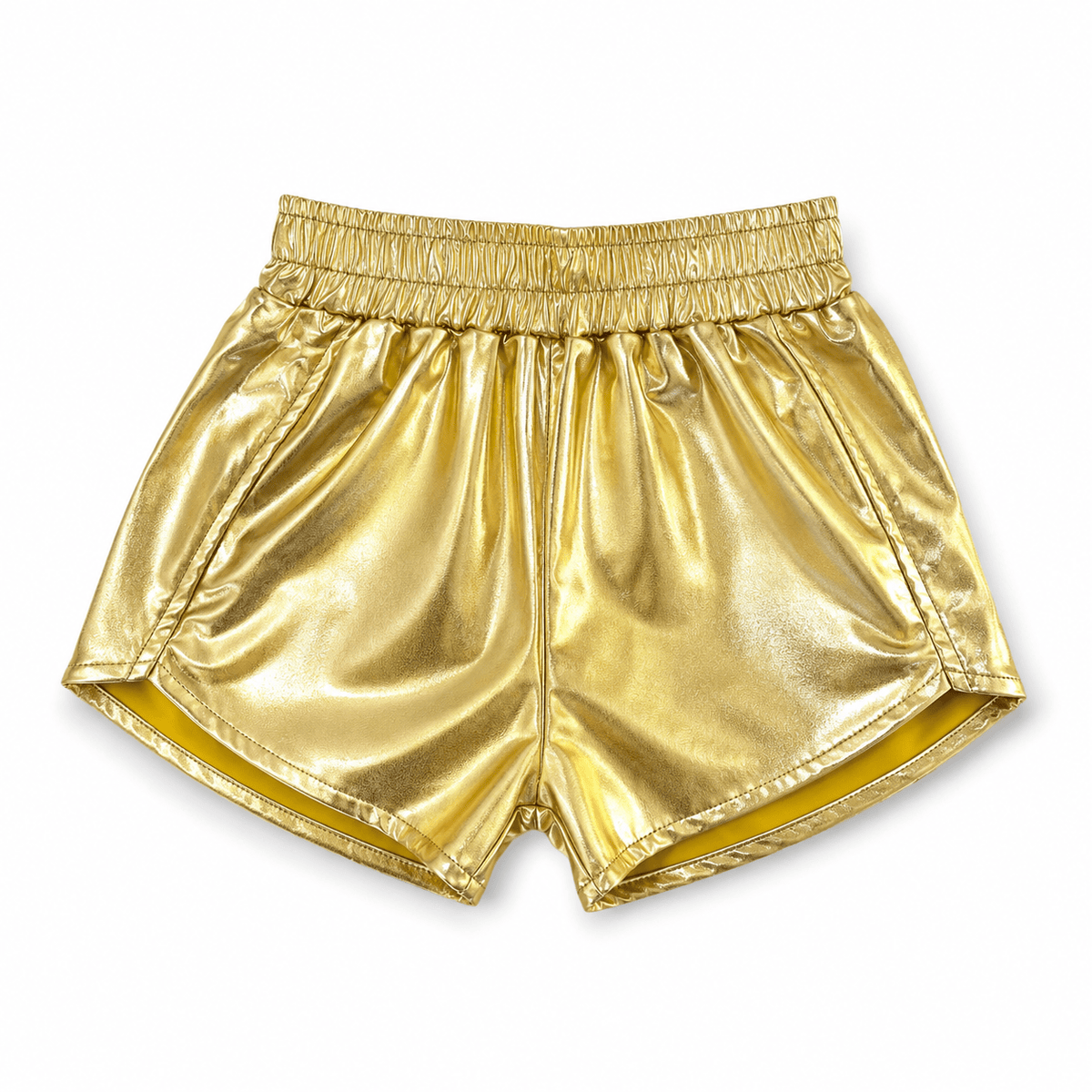 Retro Lamé Short in metallic gold, laid flat, front view