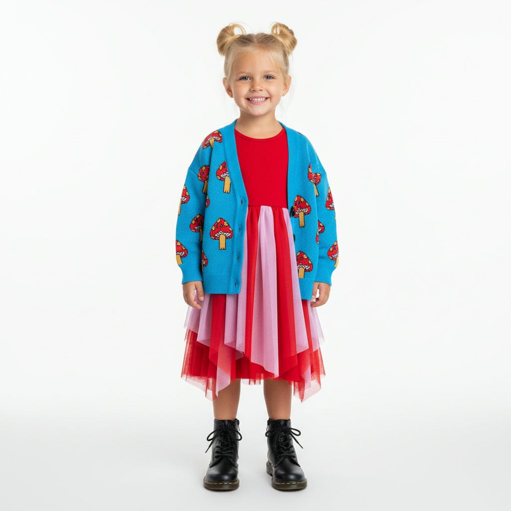 Kid with pigtail buns in the Candy Swirl Dress, a mushroom cardigan and black boots