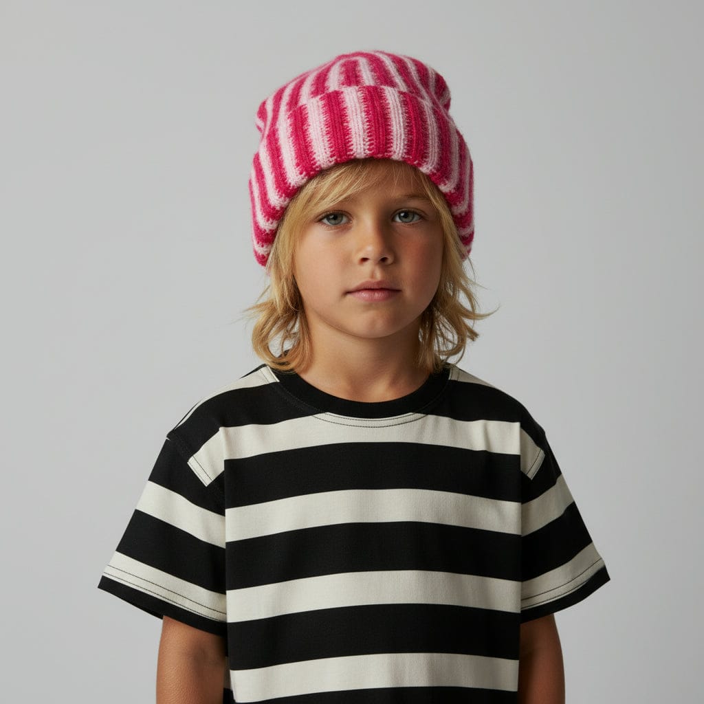 Kid in a striped tee wearing the pink and red Carousel Stripe Beanie