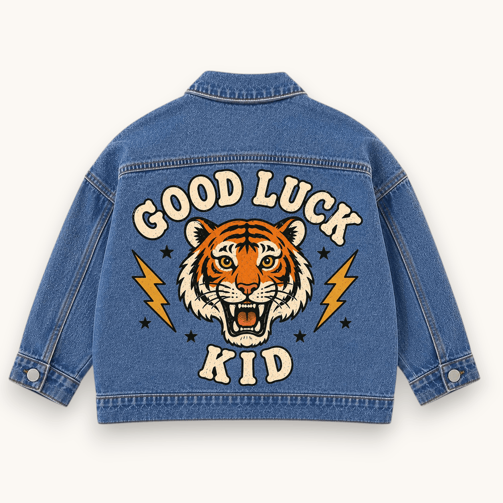 Good Luck Kid Reclaimed Denim Jacket, back view with a tiger and lightning bolts
