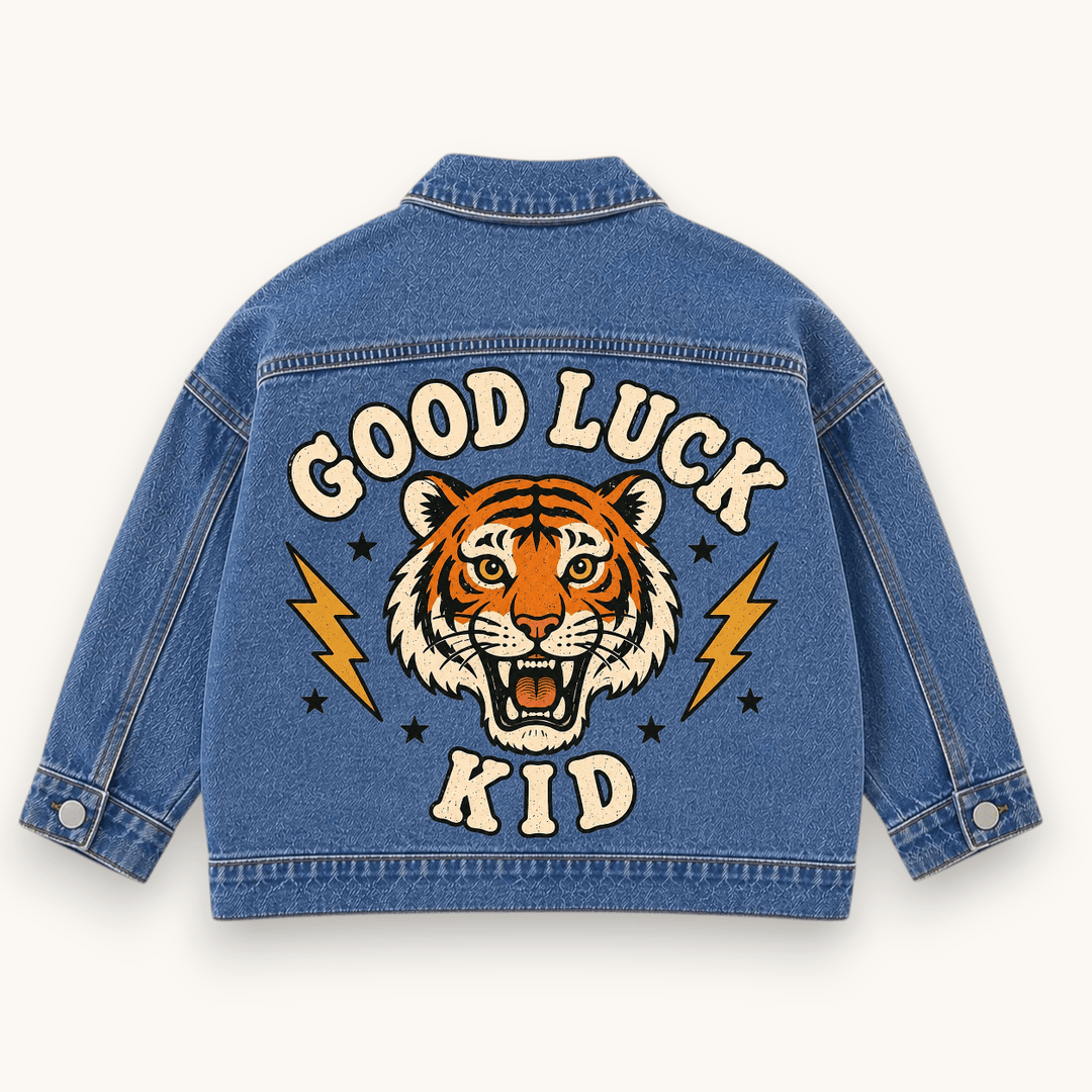 Good Luck Kid Reclaimed Denim Jacket, back view with a tiger and lightning bolts