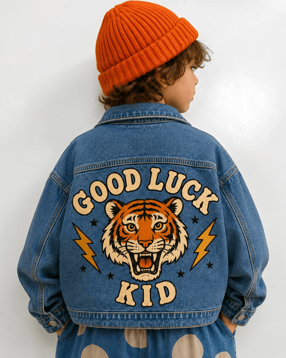 Kid in an orange beanie wearing the Good Luck Kid Denim Jacket, back view
