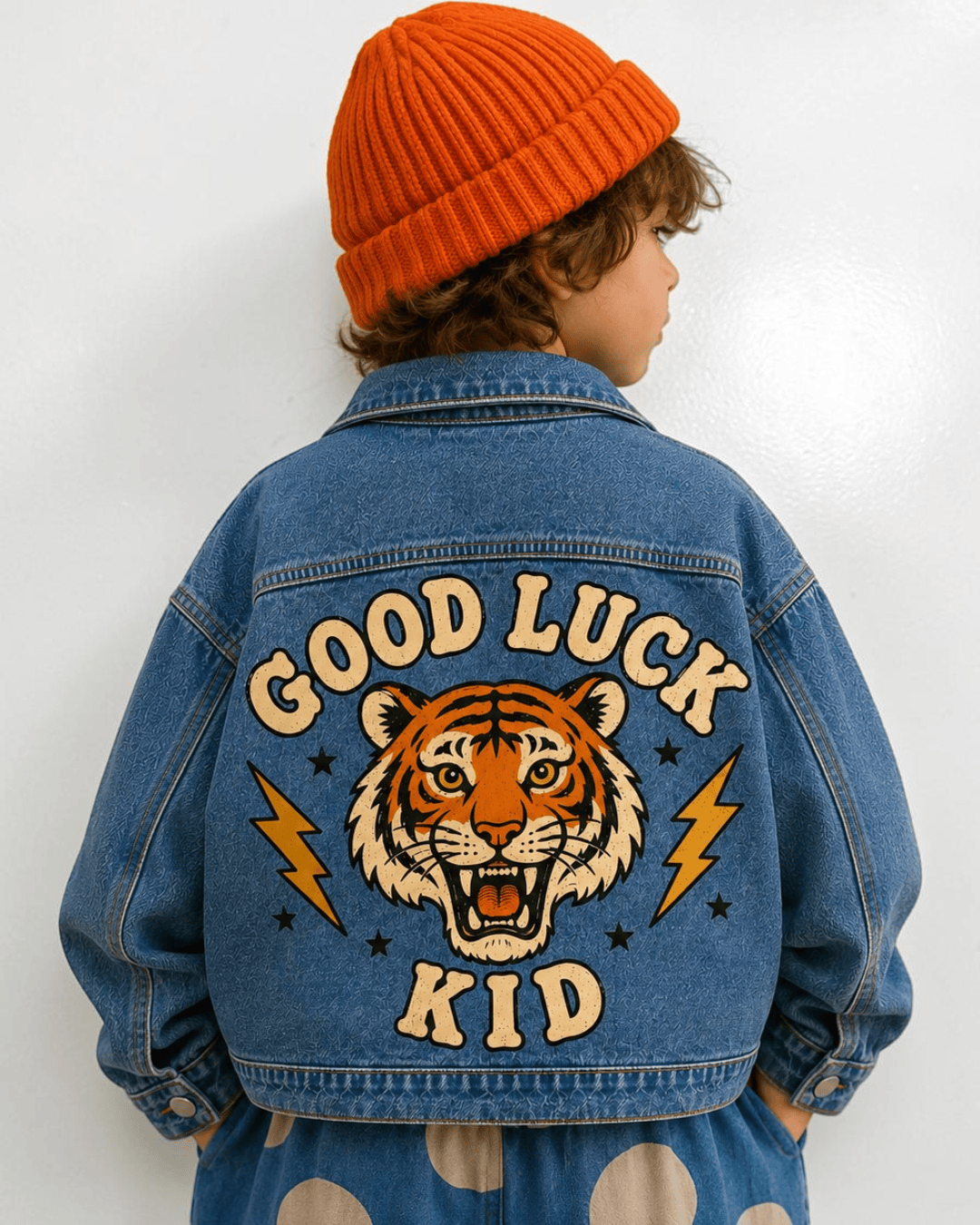 Kid in an orange beanie wearing the Good Luck Kid Denim Jacket, back view
