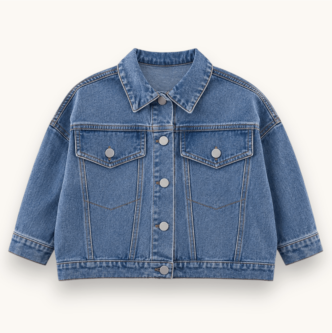 Reclaimed denim jacket, front view with button front and chest pockets