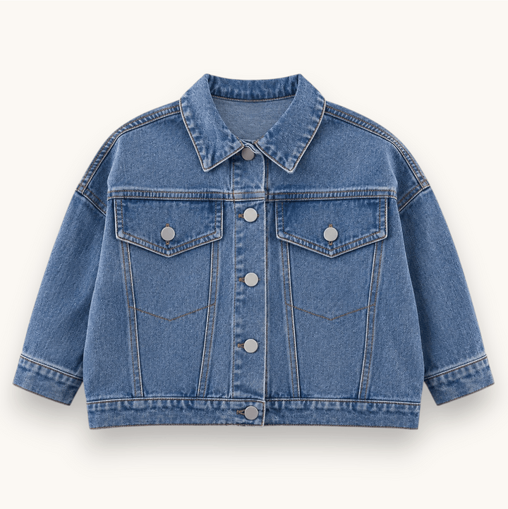 Reclaimed denim jacket, front view with button front and chest pockets