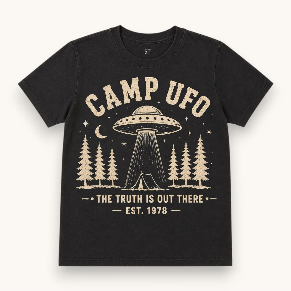 Camp UFO Vintage Tee, black with a cream UFO and pine trees graphic