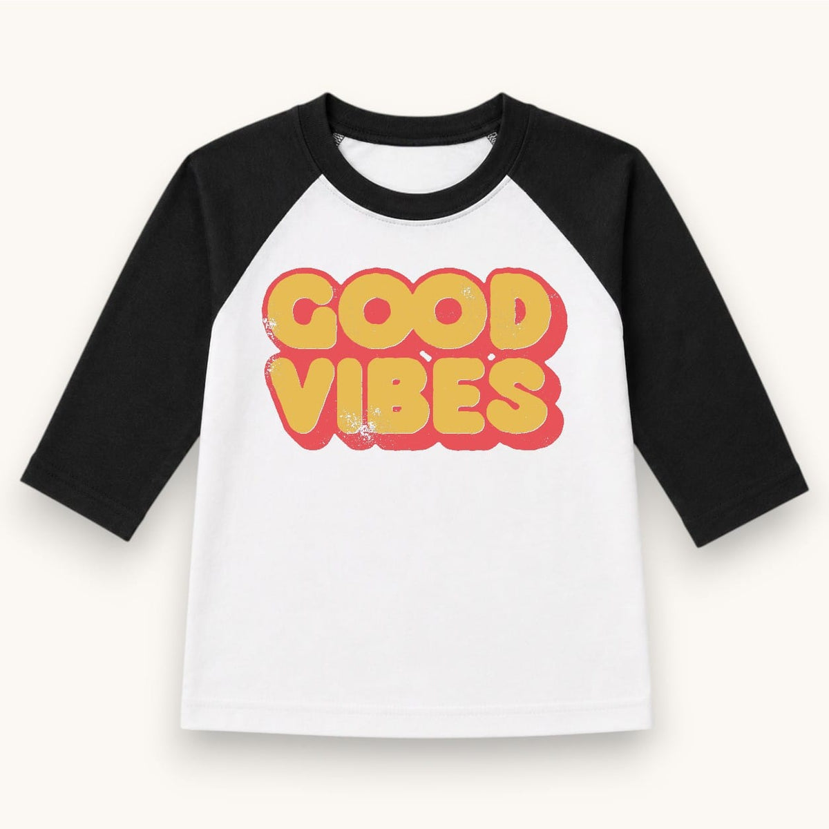 Good Vibes Baseball Tee, white with black 3/4 raglan sleeves and retro orange-and-pink Good Vibes lettering