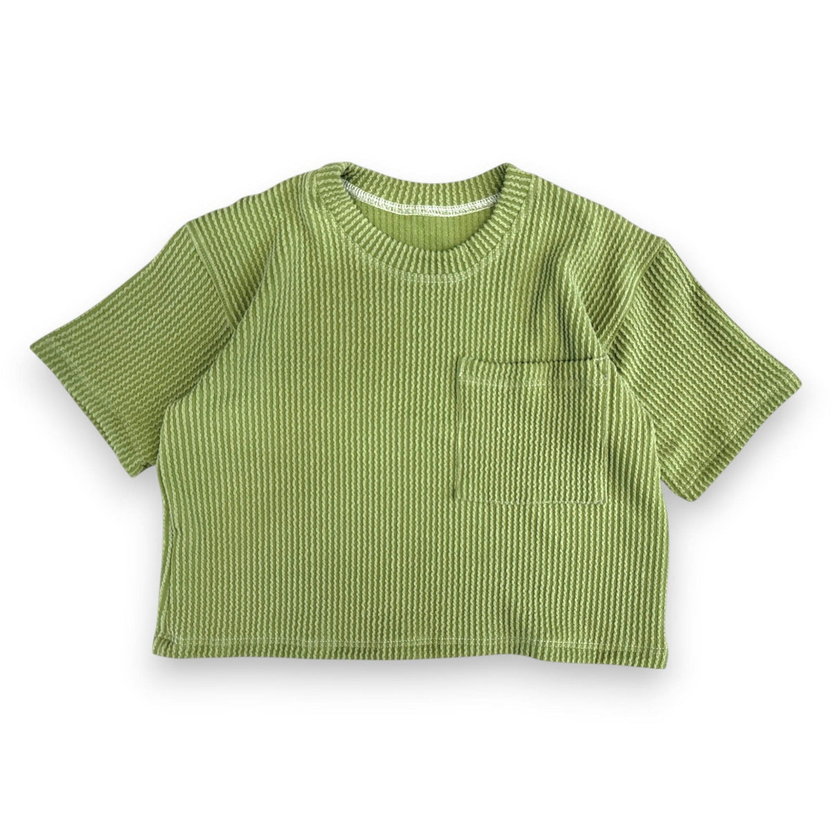Groovy Green Oversized Pocket Tee in green wavy rib, laid flat