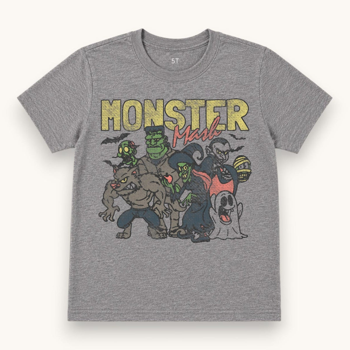 Monster Mash Tee, heather gray with a vintage monster crew graphic