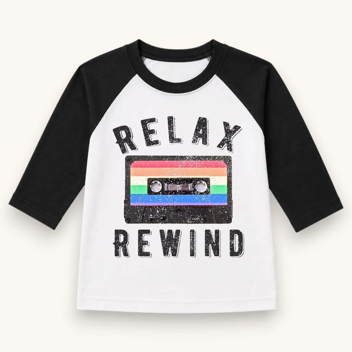 Relax Rewind Raglan Tee, white with black 3/4 sleeves and a rainbow cassette graphic
