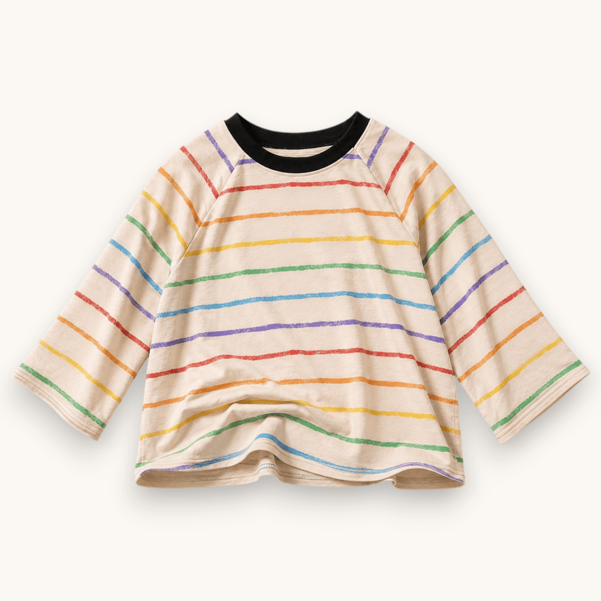 Retro Crayon Stripe Tee, thin rainbow stripes on cream with a black neckline, front view