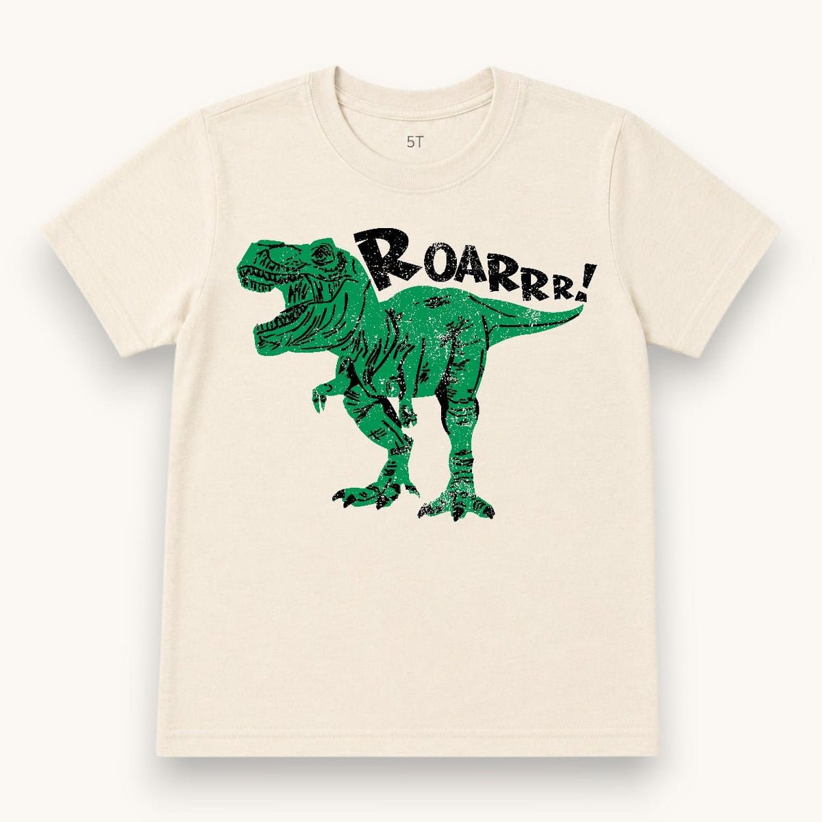 ROAR! Tee, natural cream with a green T. rex and Roarrr! lettering