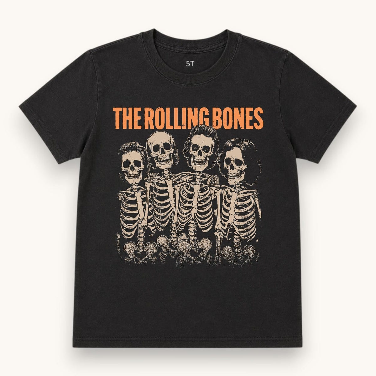The Rolling Bones Tee, black with four skeleton band members and orange lettering