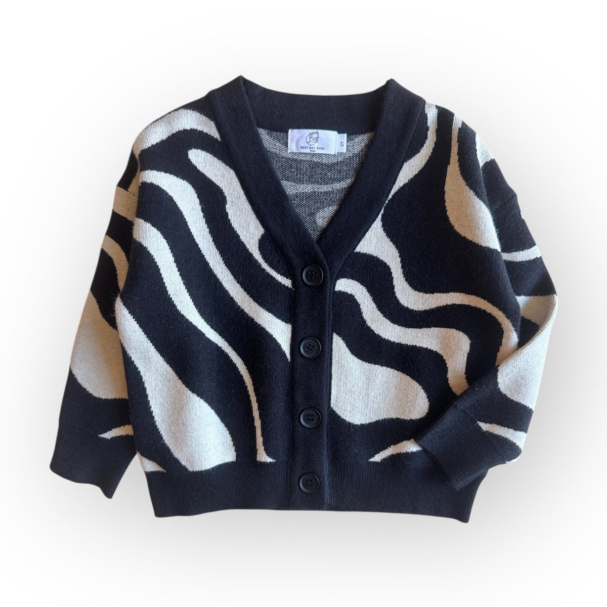 Trippy Tide Cardigan, navy knit with cream waves, front view