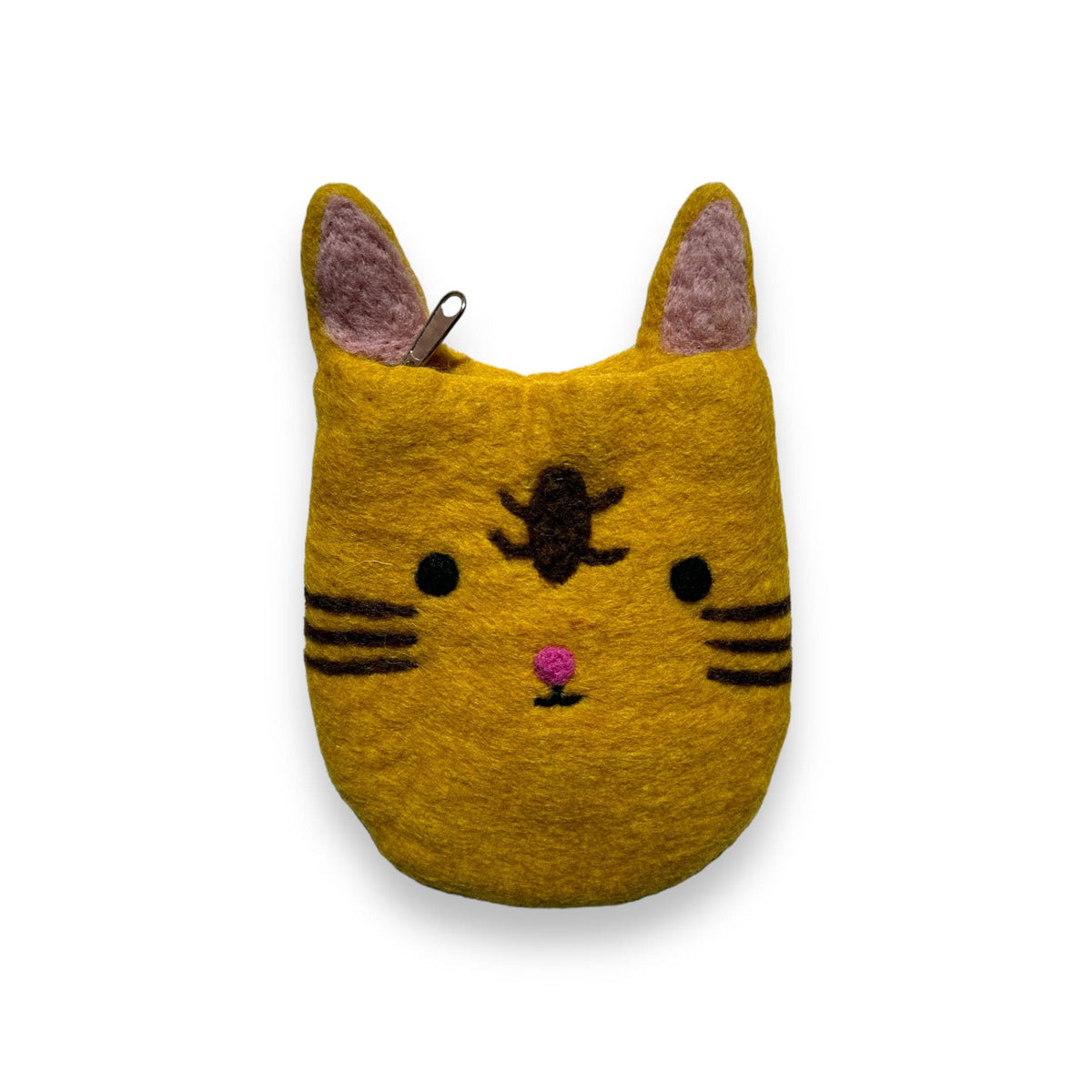 Mustard felt kitty pouch with stripes and pink ears