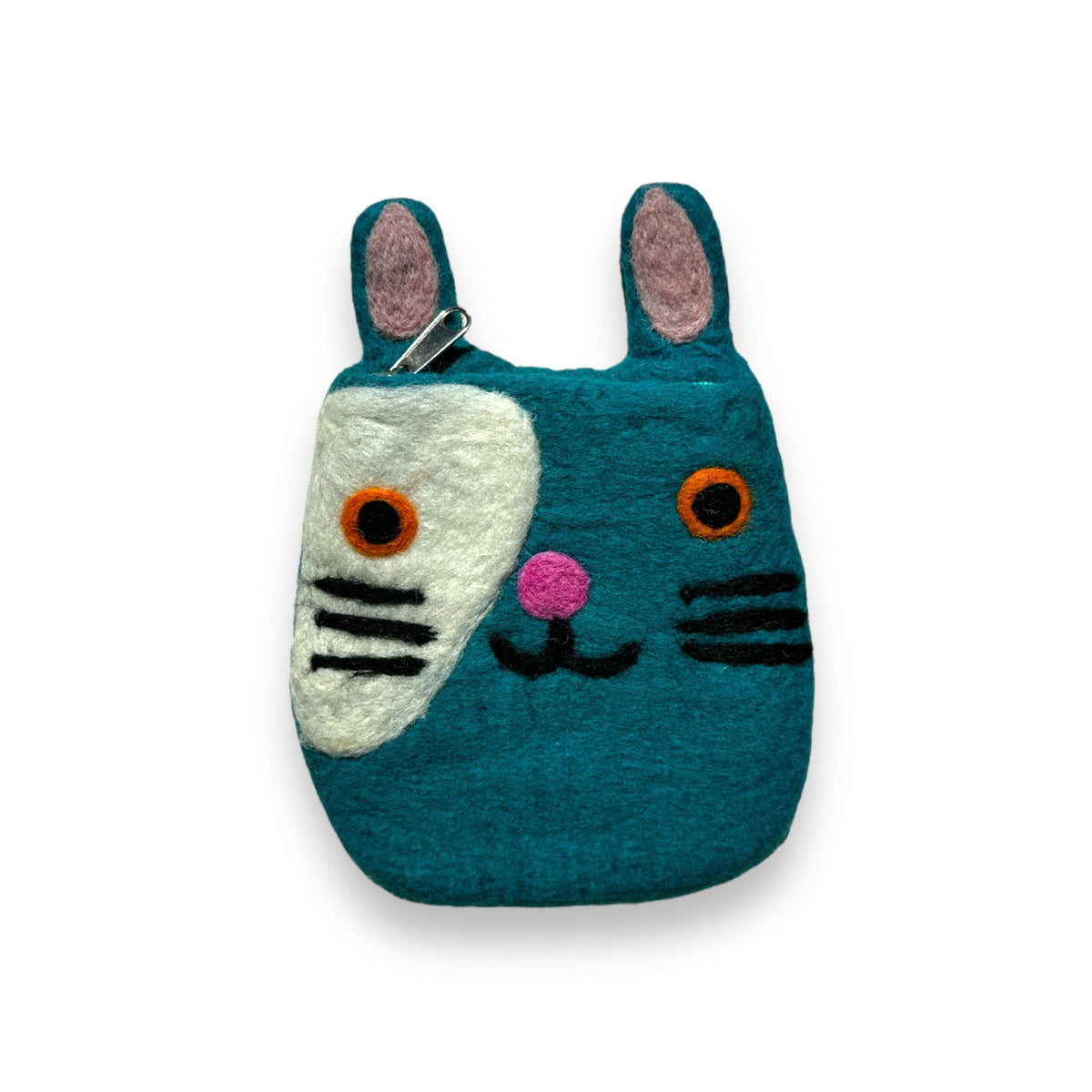Teal and white felt kitty pouch with orange eyes