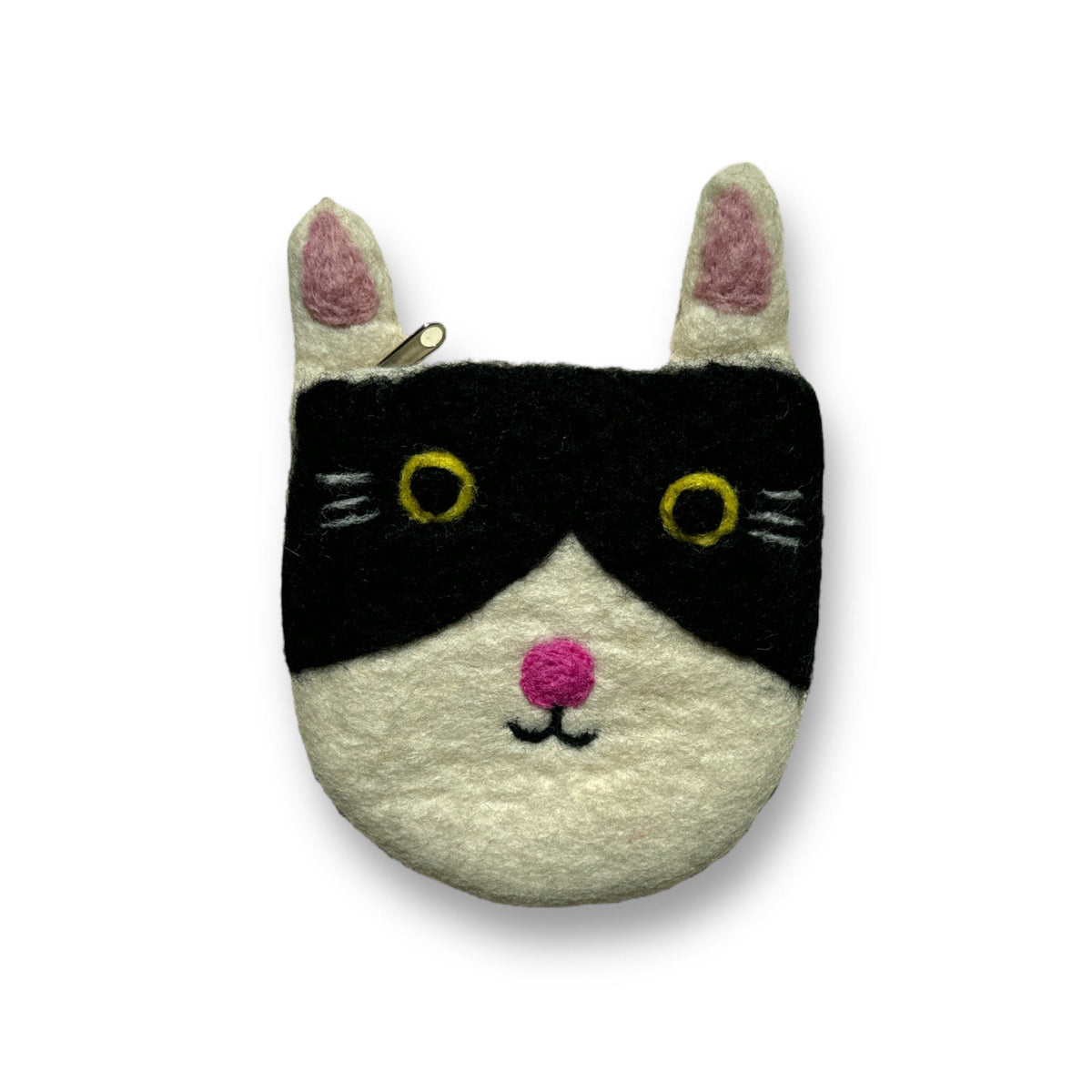 Black and white felt kitty pouch with a pink nose