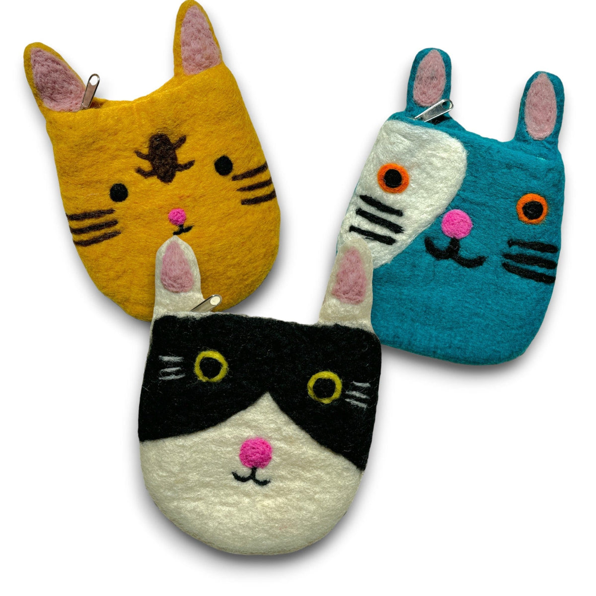 Three handmade felt kitty pouches in mustard, teal and black-and-white