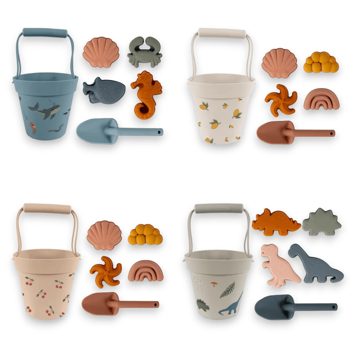 Four silicone beach toy sets with buckets, shovels and sand molds