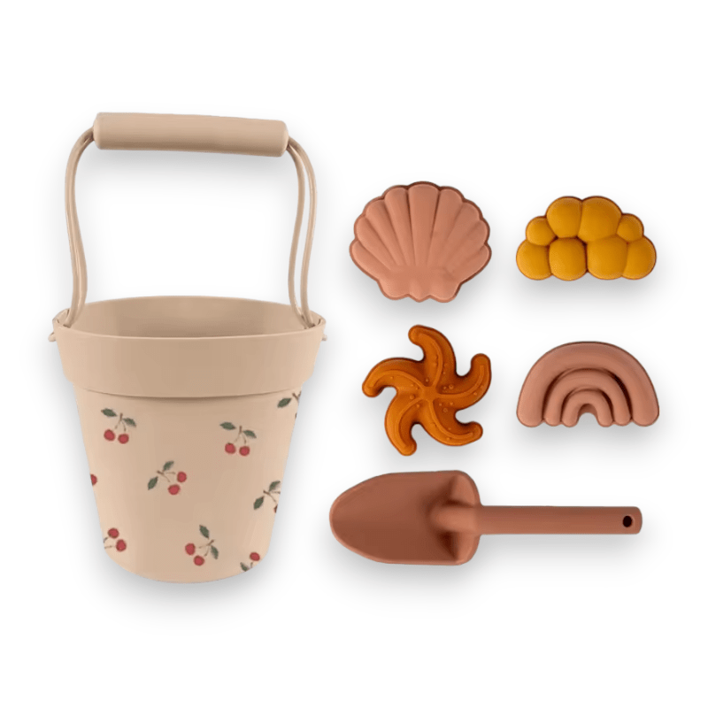 Cherry print silicone beach set with shell, starfish, rainbow and sandcastle molds