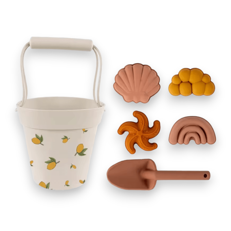 Lemon print silicone beach set with shell, starfish and rainbow molds