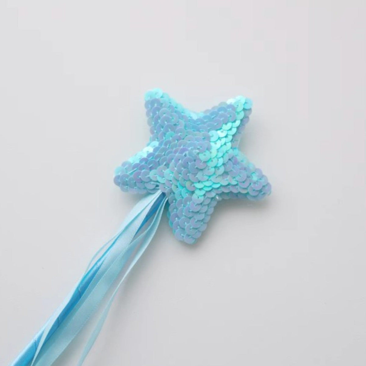 Blue sequin star fairy wand with blue ribbons