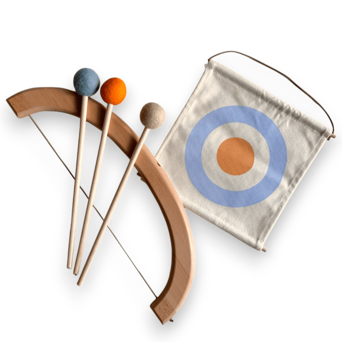 Beechwood bow, three felt-tip arrows and a canvas bullseye target