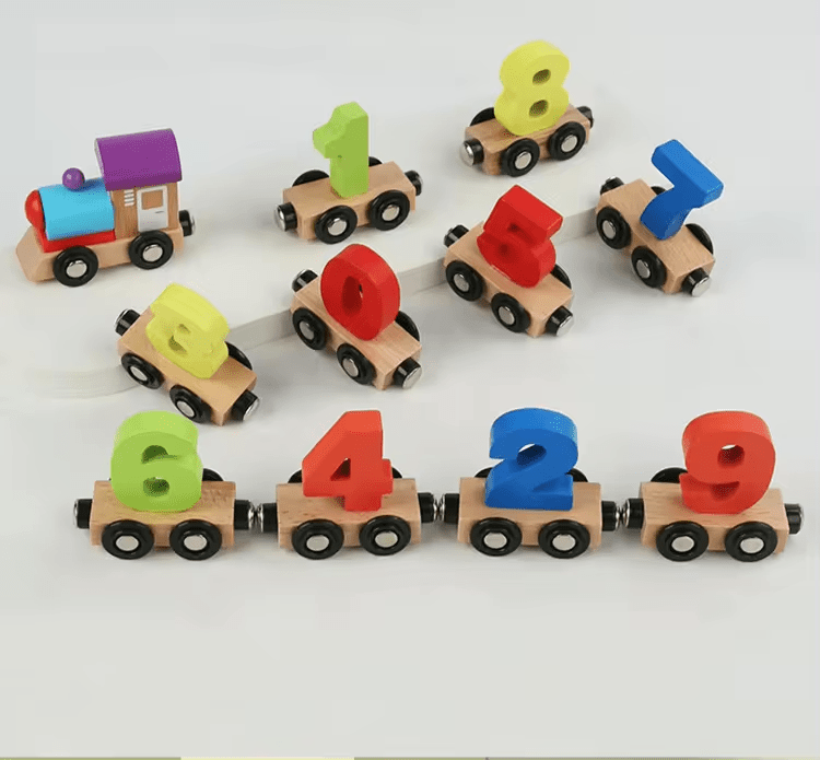 Wooden train engine and colorful number cars from 0 to 9